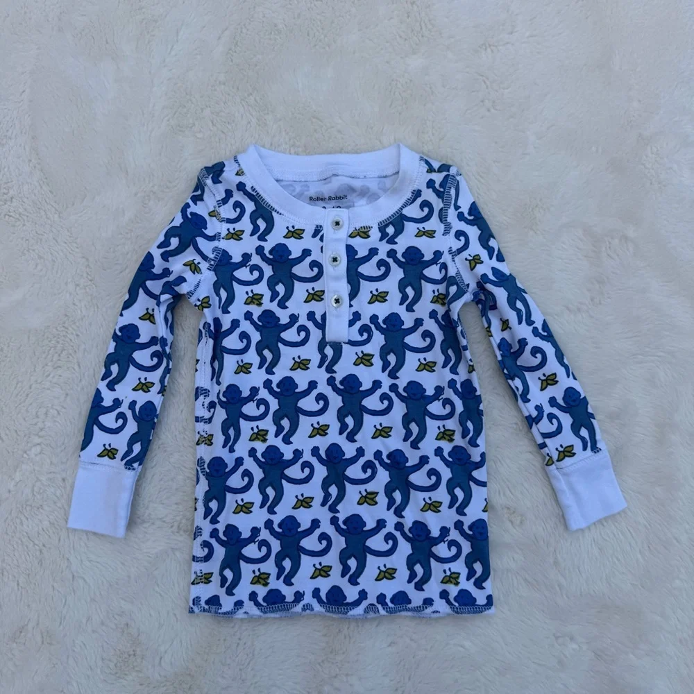 Roberta Roller Rabbit Pajama Top Size 12-18 Months Blue Monkey Print Long Sleeve